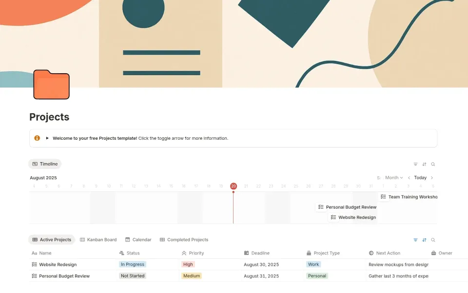 Projects template in Notion