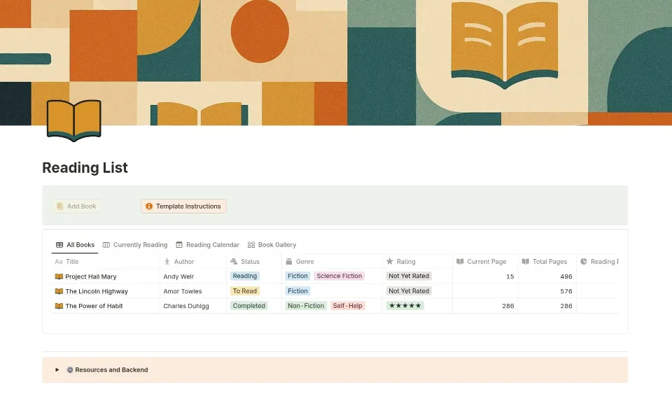 Reading List template in Notion