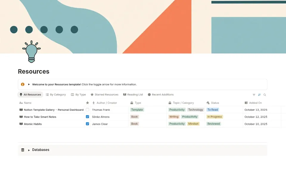 Resources template in Notion